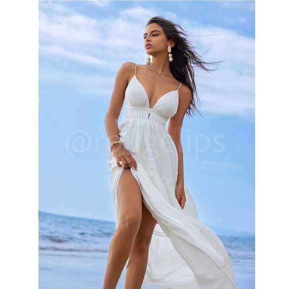 White Maxi Dress V-Neck Open Back Lined Tie Straps - Picture 7 of 9